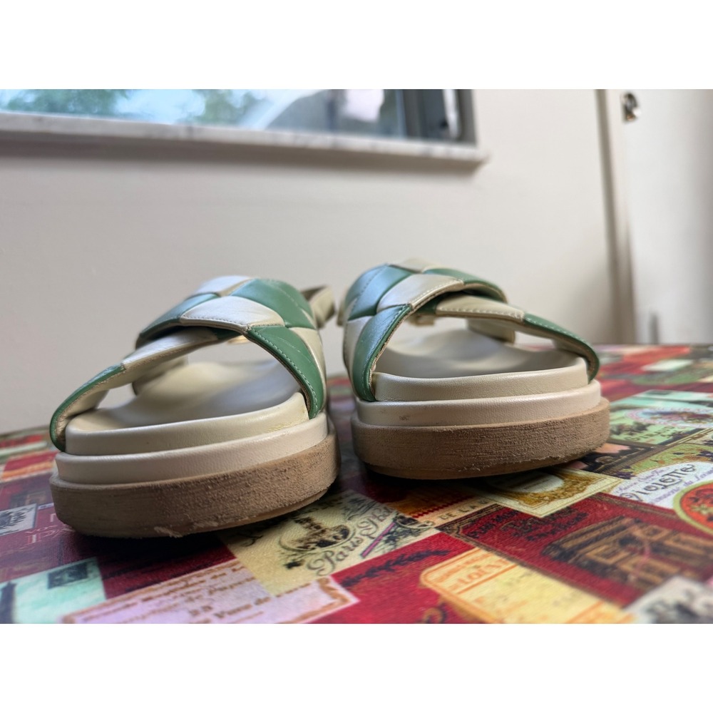 Alohas Green Cream Checkered Weave Platform Slingback Sandals Gold Buckle - Picture 3 of 14